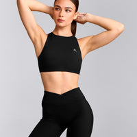 EasyLift™ High Neck Sports Bra with Grey Logo | Black