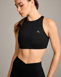 EasyLift™ High Neck Sports Bra with Grey Logo | Black