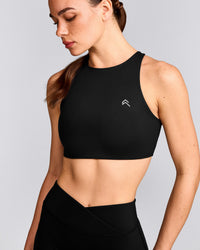 EasyLift™ High Neck Sports Bra with Grey Logo | Black