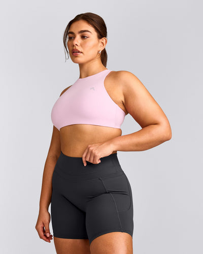 EasyLift™ High Neck Sports Bra with Grey Logo | Chalk Pink