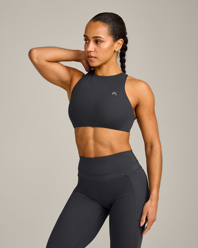 EasyLift™ High Neck Sports Bra with Grey Logo | Coal