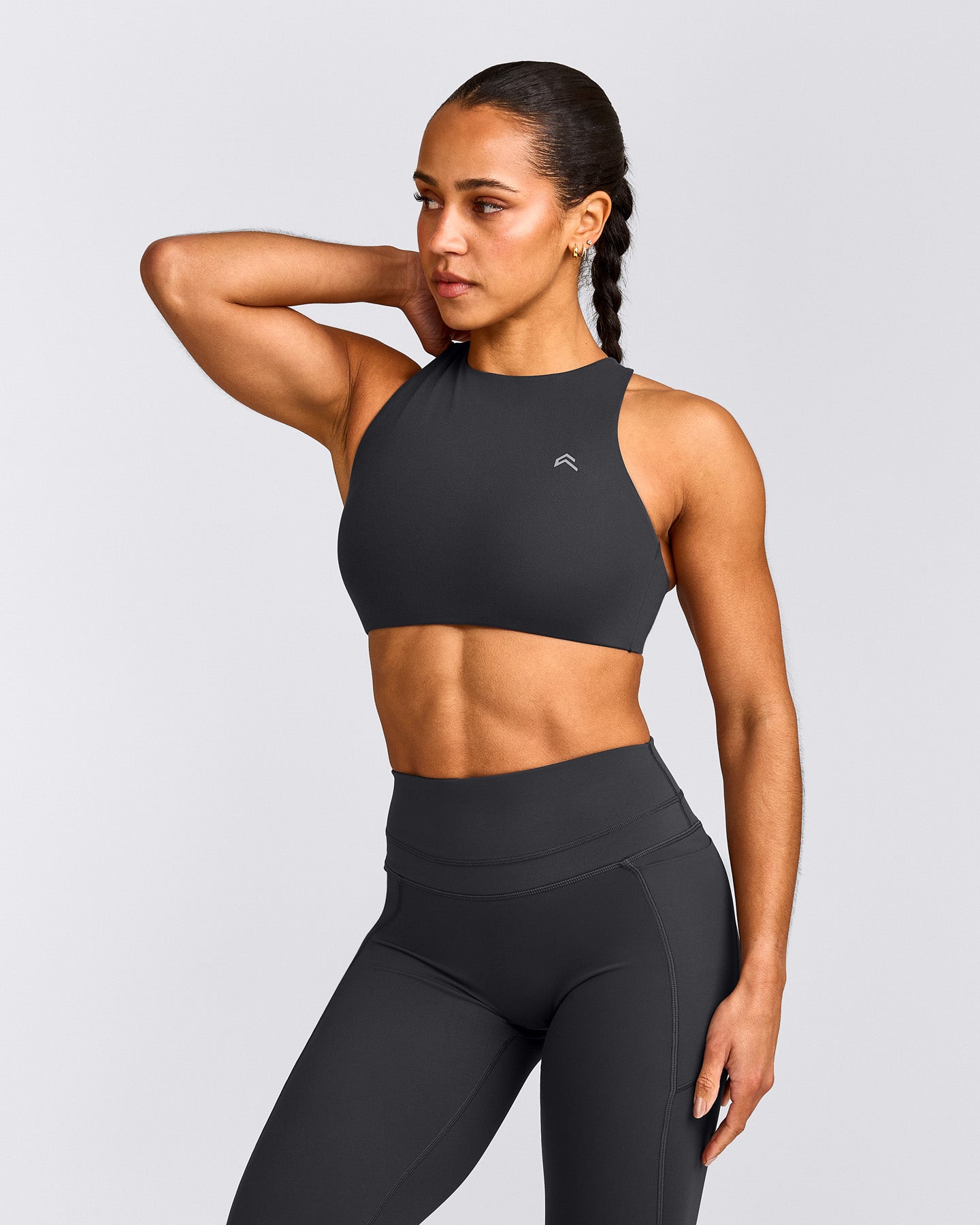 EasyLift™ High Neck Sports Bra with Grey Logo | Coal