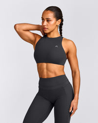 EasyLift™ High Neck Sports Bra with Grey Logo | Coal