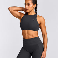 EasyLift™ High Neck Sports Bra with Grey Logo | Coal