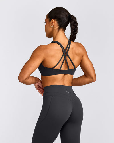 EasyLift™ High Neck Sports Bra with Grey Logo | Coal