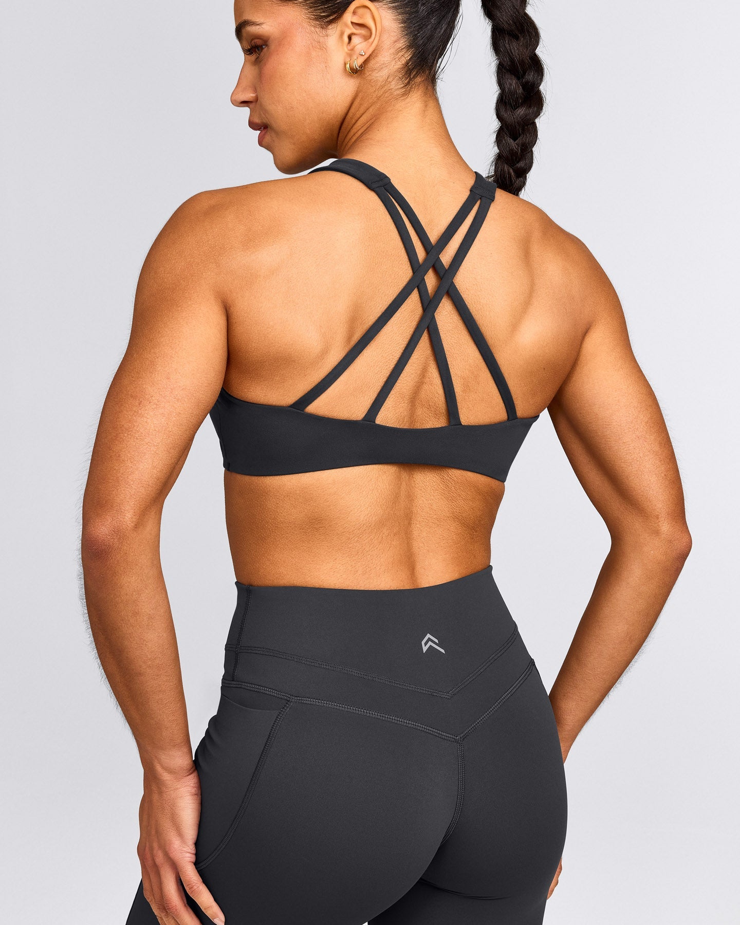 EasyLift™ High Neck Sports Bra with Grey Logo | Coal