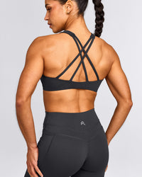 EasyLift™ High Neck Sports Bra with Grey Logo | Coal