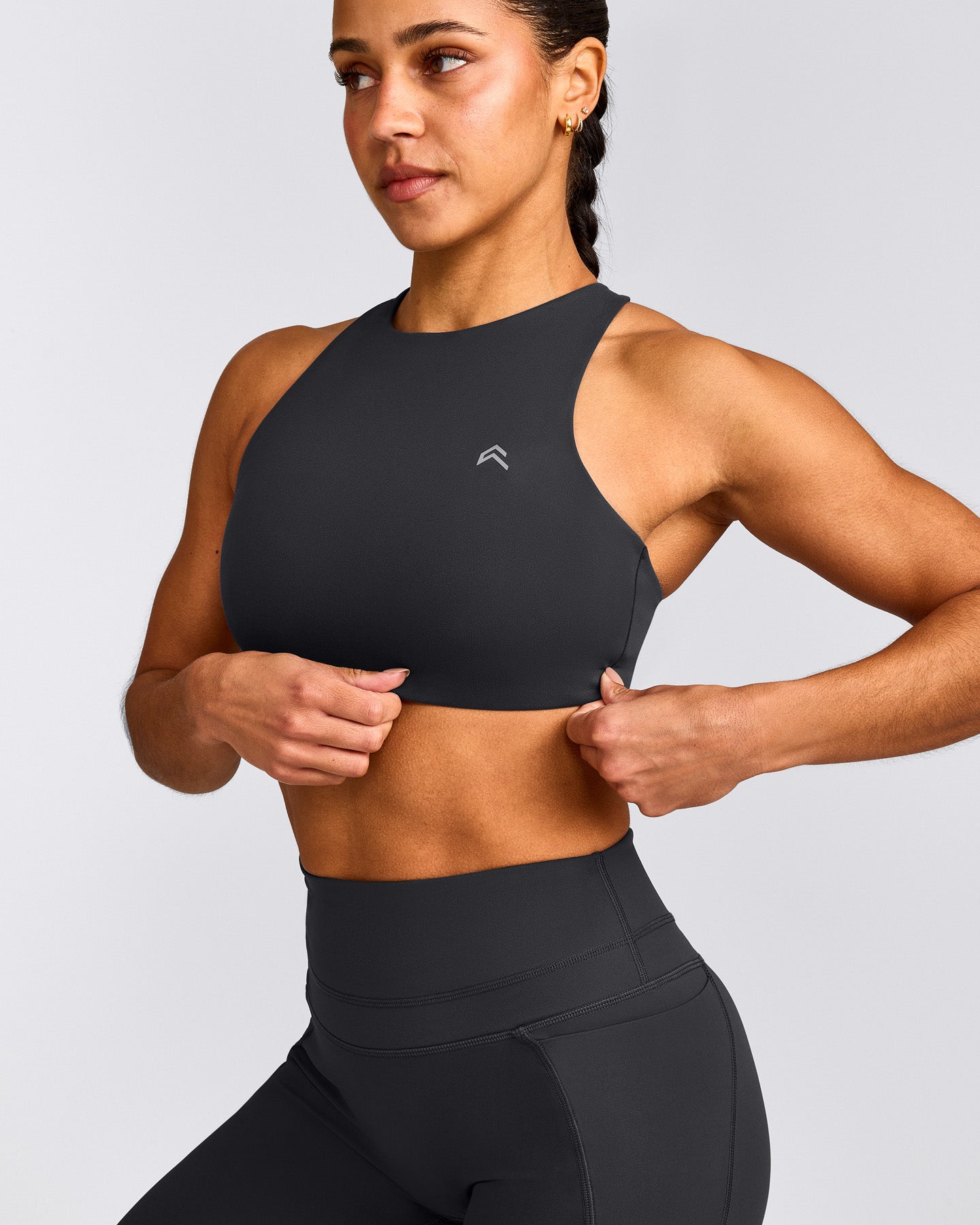 EasyLift™ High Neck Sports Bra with Grey Logo | Coal