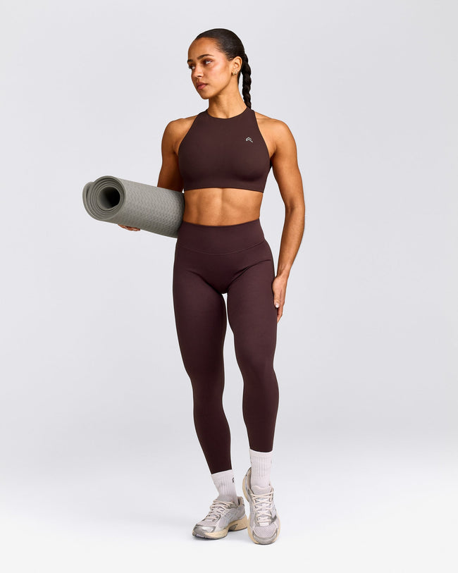 EasyLift™ High Neck Sports Bra with Grey Logo | Plum Brown