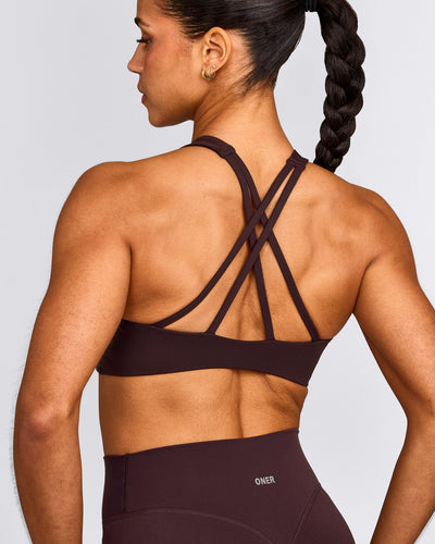 EasyLift™ High Neck Sports Bra with Grey Logo | Plum Brown
