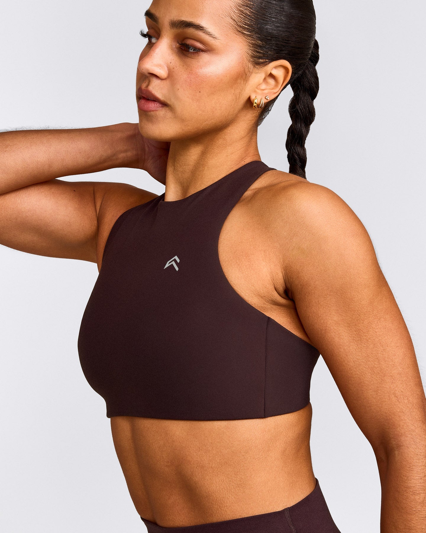 EasyLift™ High Neck Sports Bra with Grey Logo | Plum Brown