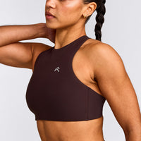 EasyLift™ High Neck Sports Bra with Grey Logo | Plum Brown