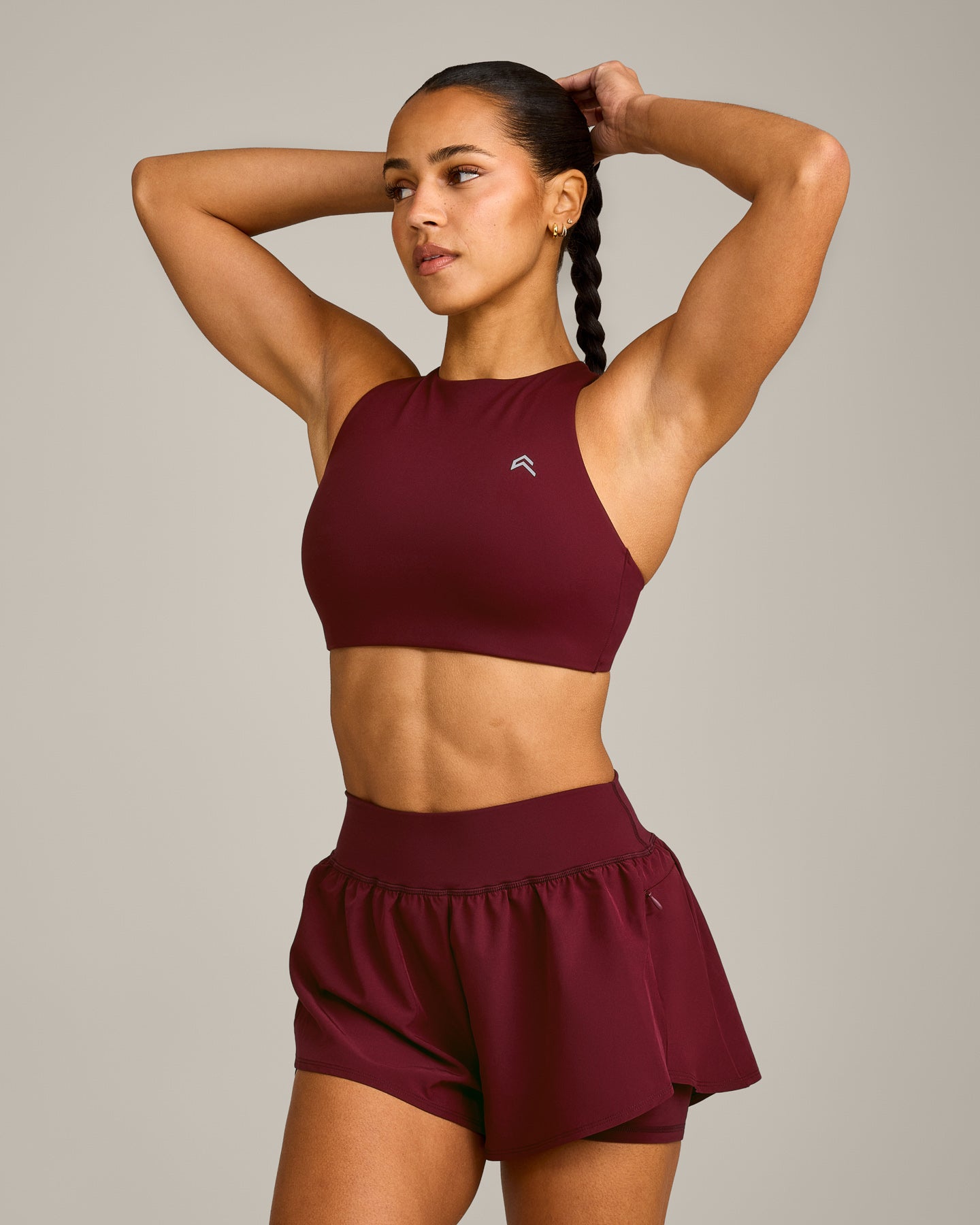 EasyLift™ High Neck Sports Bra with Grey Logo | Rosewood