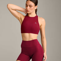 EasyLift™ High Neck Sports Bra with Grey Logo | Ruby Red