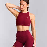 EasyLift™ High Neck Sports Bra with Grey Logo | Ruby Red
