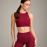 EasyLift™ High Neck Sports Bra with Grey Logo | Ruby Red