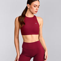 EasyLift™ High Neck Sports Bra with Grey Logo | Ruby Red