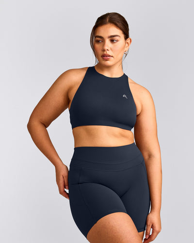 EasyLift™ High Neck Sports Bra with Grey Logo | True Blue