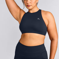 EasyLift™ High Neck Sports Bra with Grey Logo | True Blue