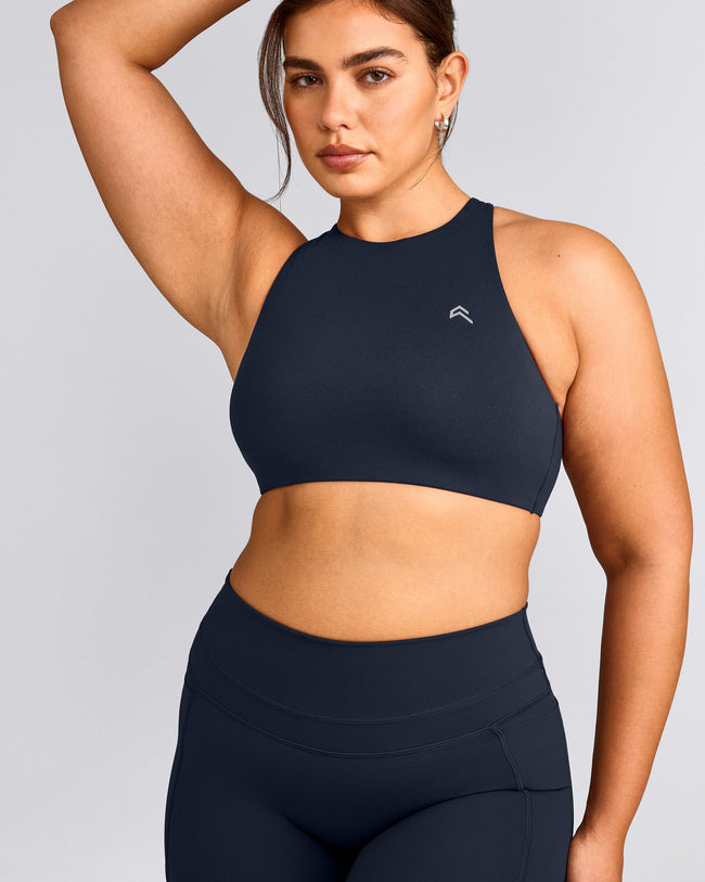 EasyLift™ High Neck Sports Bra with Grey Logo | True Blue