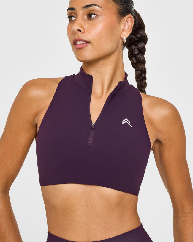 EasyLift™ Zip High Neck Sports Bra with White Logo | Blackberry Purple