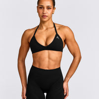EnhanceLift™ Seamless Minimal Halter Neck Bralette with Grey Logo | Black