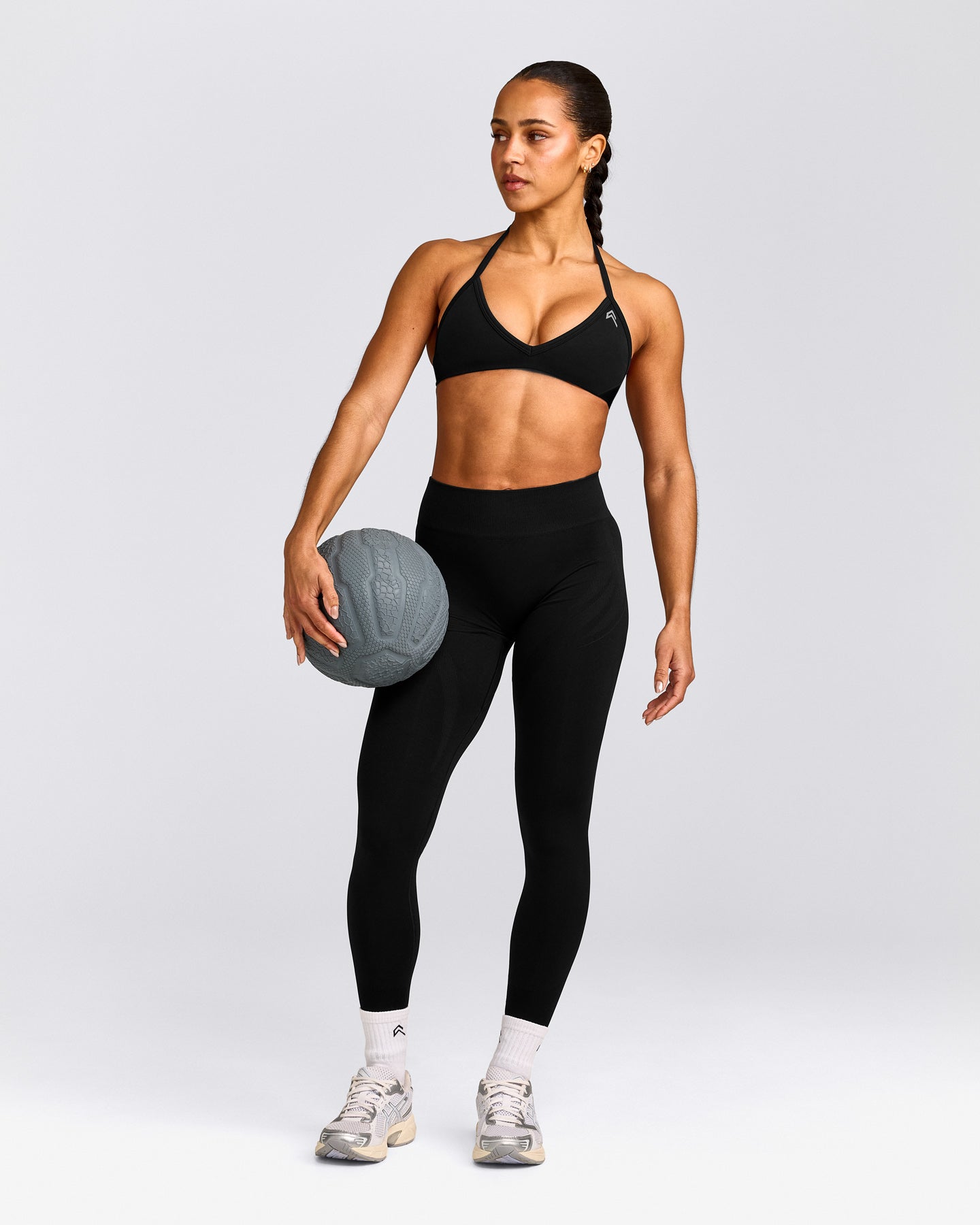 EnhanceLift™ Seamless Minimal Halter Neck Bralette with Grey Logo | Black
