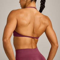 EnhanceLift™ Seamless Minimal Halter Neck Bralette with Grey Logo | Burnt Maroon