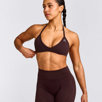 EnhanceLift™ Seamless Minimal Halter Neck Bralette with Grey Logo | Plum Brown