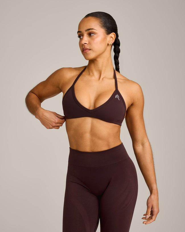 EnhanceLift™ Seamless Minimal Halter Neck Bralette with Grey Logo | Plum Brown