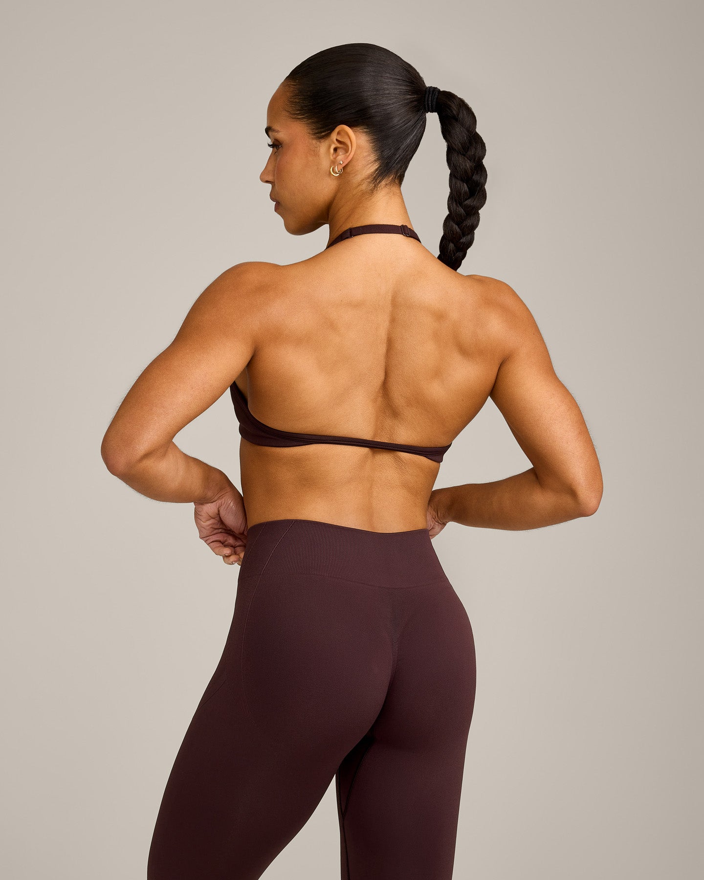 EnhanceLift™ Seamless Minimal Halter Neck Bralette with Grey Logo | Plum Brown