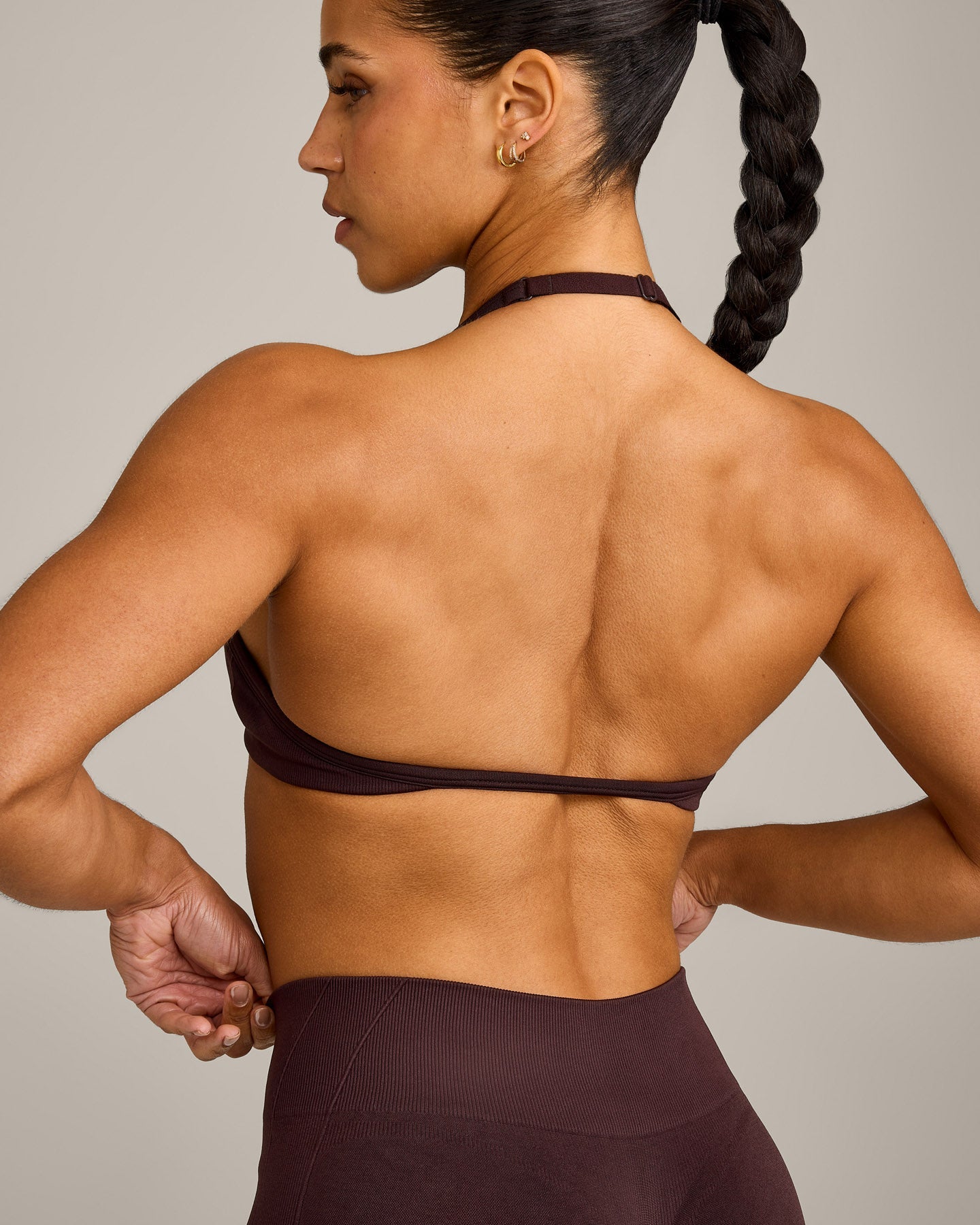 EnhanceLift™ Seamless Minimal Halter Neck Bralette with Grey Logo | Plum Brown