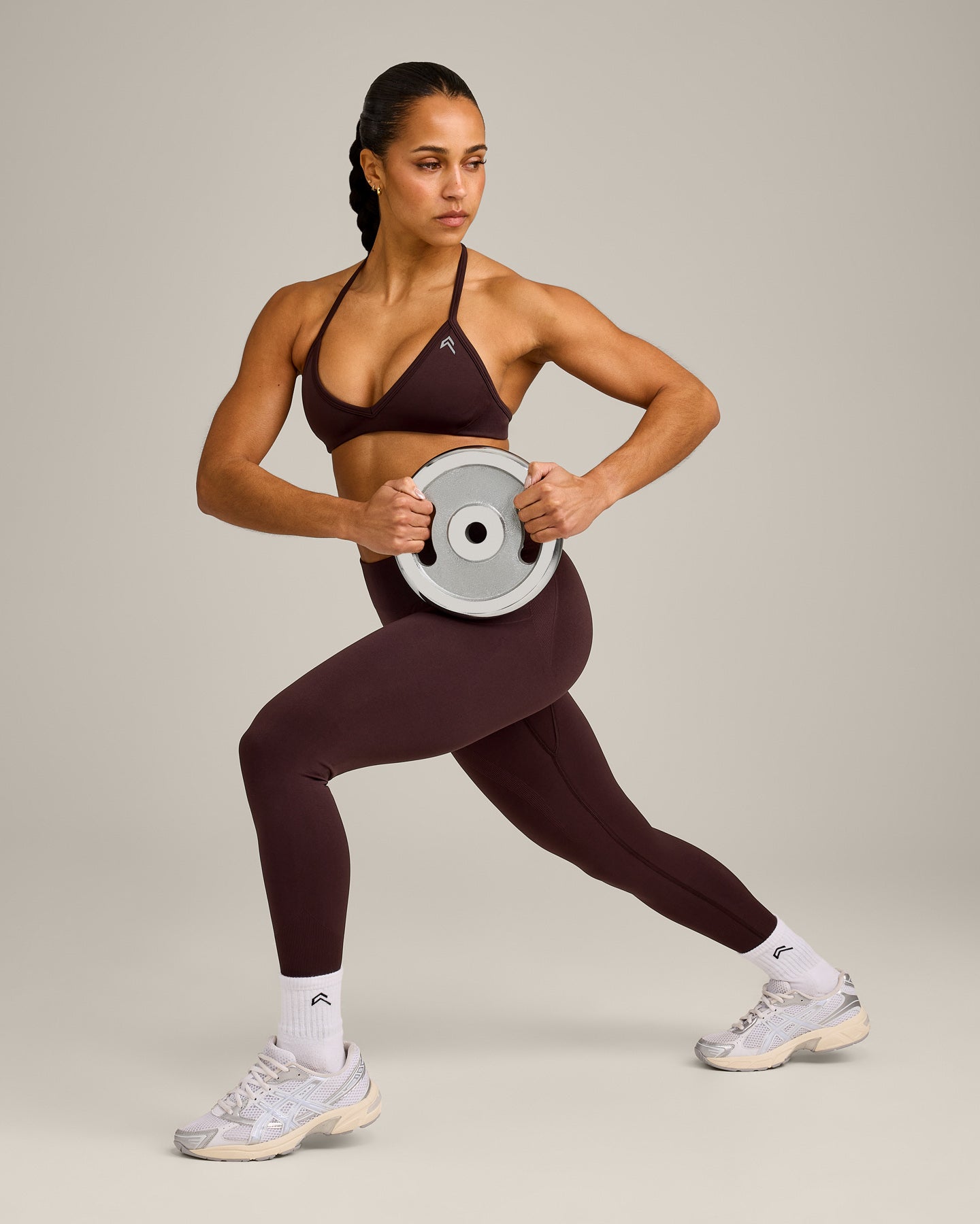 EnhanceLift™ Seamless Minimal Halter Neck Bralette with Grey Logo | Plum Brown