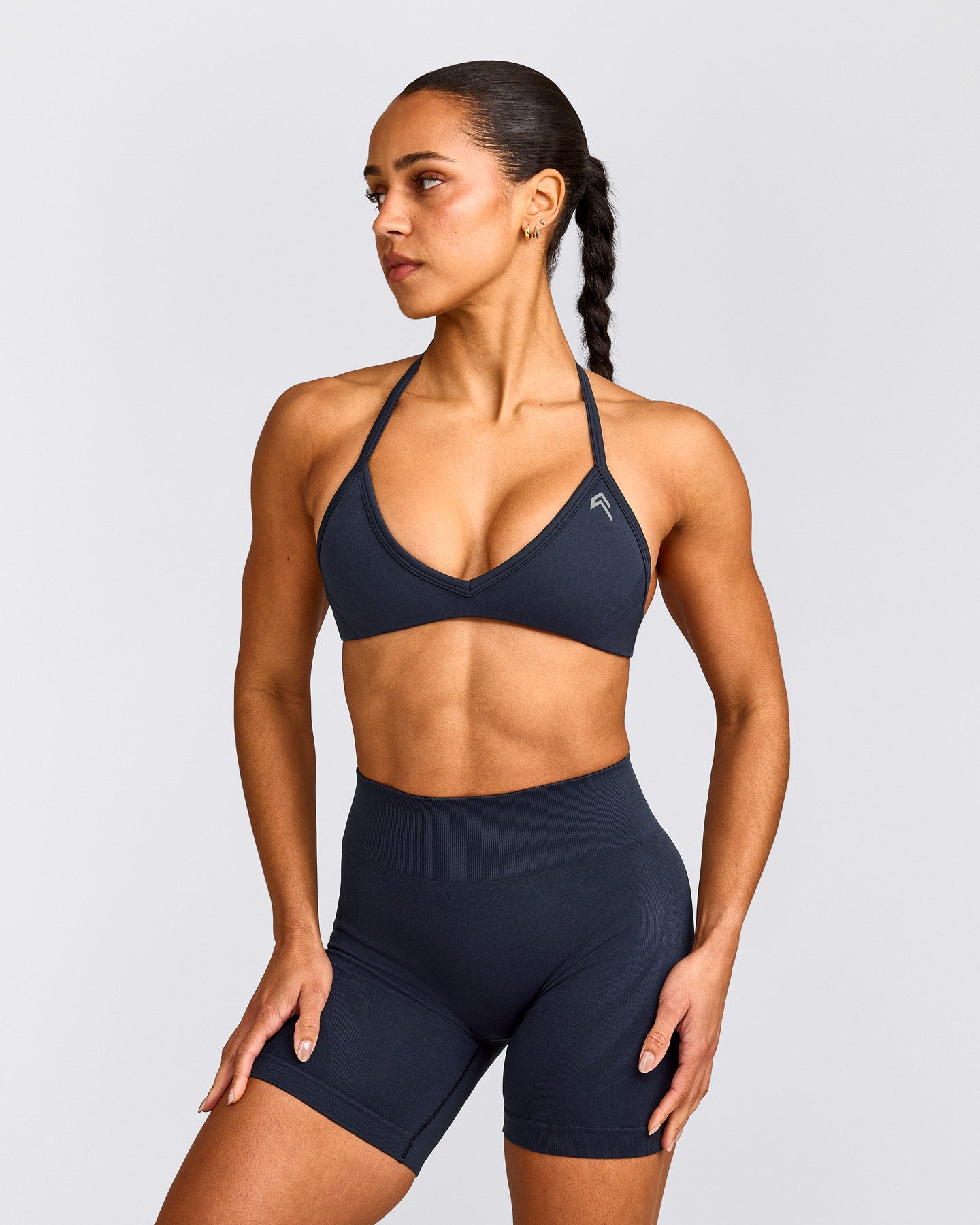 EnhanceLift™ Seamless Minimal Halter Neck Bralette with Grey Logo | True Blue