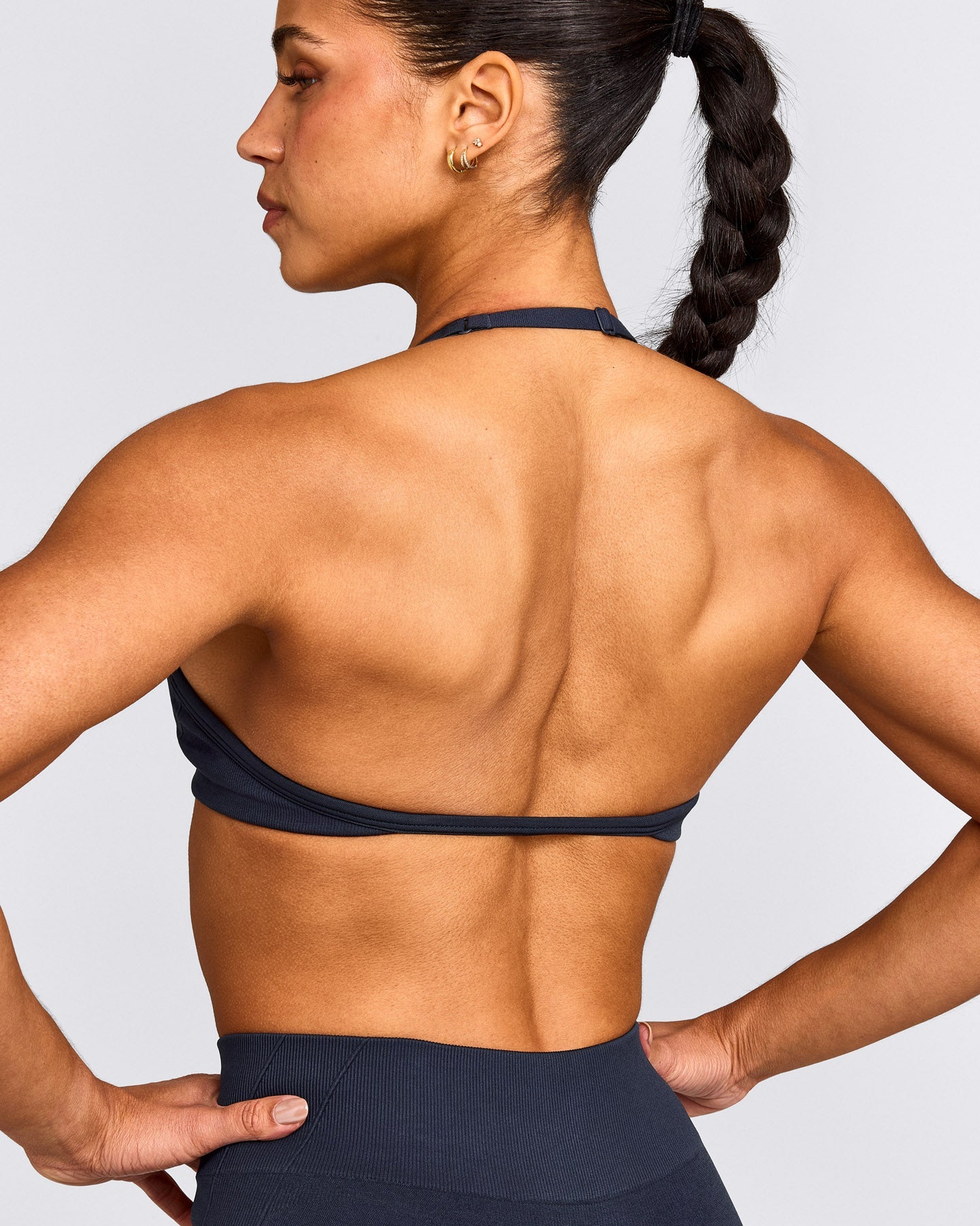 EnhanceLift™ Seamless Minimal Halter Neck Bralette with Grey Logo | True Blue