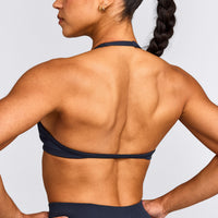 EnhanceLift™ Seamless Minimal Halter Neck Bralette with Grey Logo | True Blue