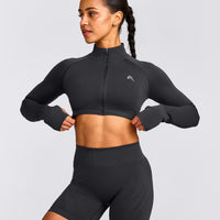 EnhanceLift™ Seamless Crop Jacket with Grey Logo | Coal