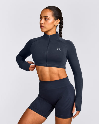 EnhanceLift™ Seamless Crop Jacket with Grey Logo | True Blue