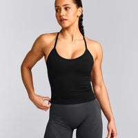 EnhanceLift™ Seamless Strappy Racer Tank Top with Built in Bra Shelf with Grey Logo | Black