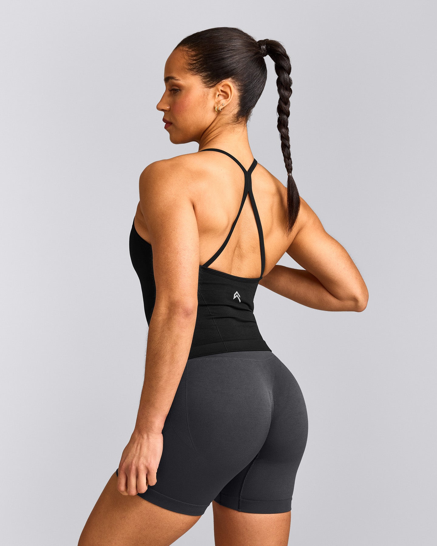 EnhanceLift™ Seamless Strappy Racer Tank Top with Built in Bra Shelf with Grey Logo | Black