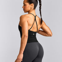 EnhanceLift™ Seamless Strappy Racer Tank Top with Built in Bra Shelf with Grey Logo | Black