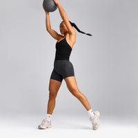 EnhanceLift™ Seamless Strappy Racer Tank Top with Built in Bra Shelf with Grey Logo | Black