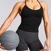 EnhanceLift™ Seamless Strappy Racer Tank Top with Built in Bra Shelf with Grey Logo | Black