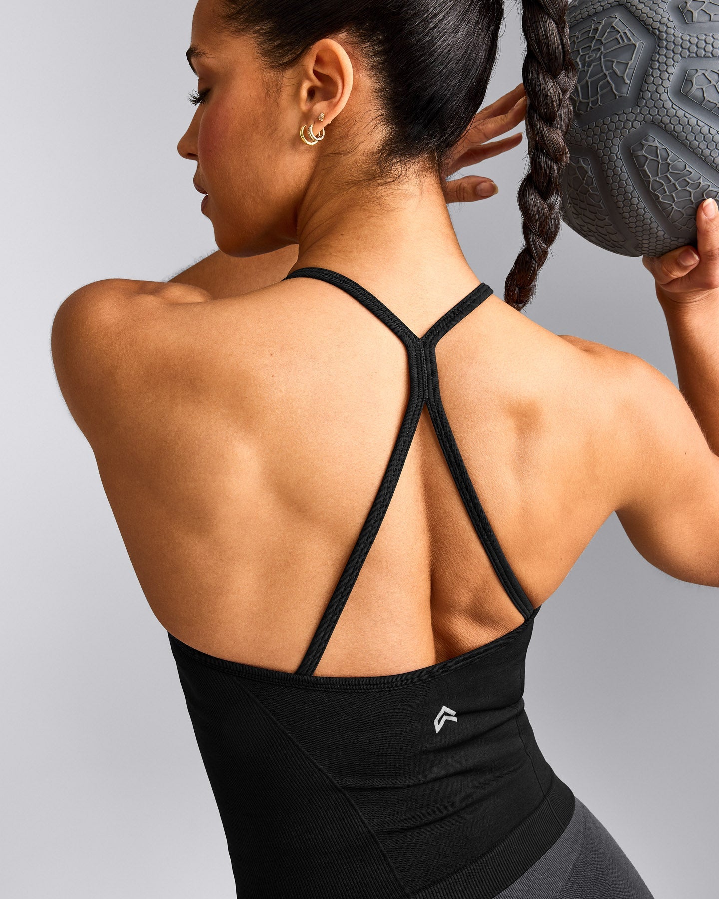 EnhanceLift™ Seamless Strappy Racer Tank Top with Built in Bra Shelf with Grey Logo | Black