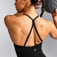 EnhanceLift™ Seamless Strappy Racer Tank Top with Built in Bra Shelf with Grey Logo | Black