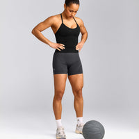 EnhanceLift™ Seamless Strappy Racer Tank Top with Built in Bra Shelf with Grey Logo | Black