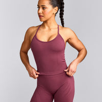 EnhanceLift™ Seamless Strappy Racer Tank Top with Built in Bra Shelf with Grey Logo | Burnt Maroon Red