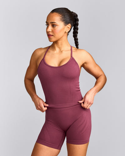 EnhanceLift™ Seamless Strappy Racer Tank Top with Built in Bra Shelf with Grey Logo | Burnt Maroon Red