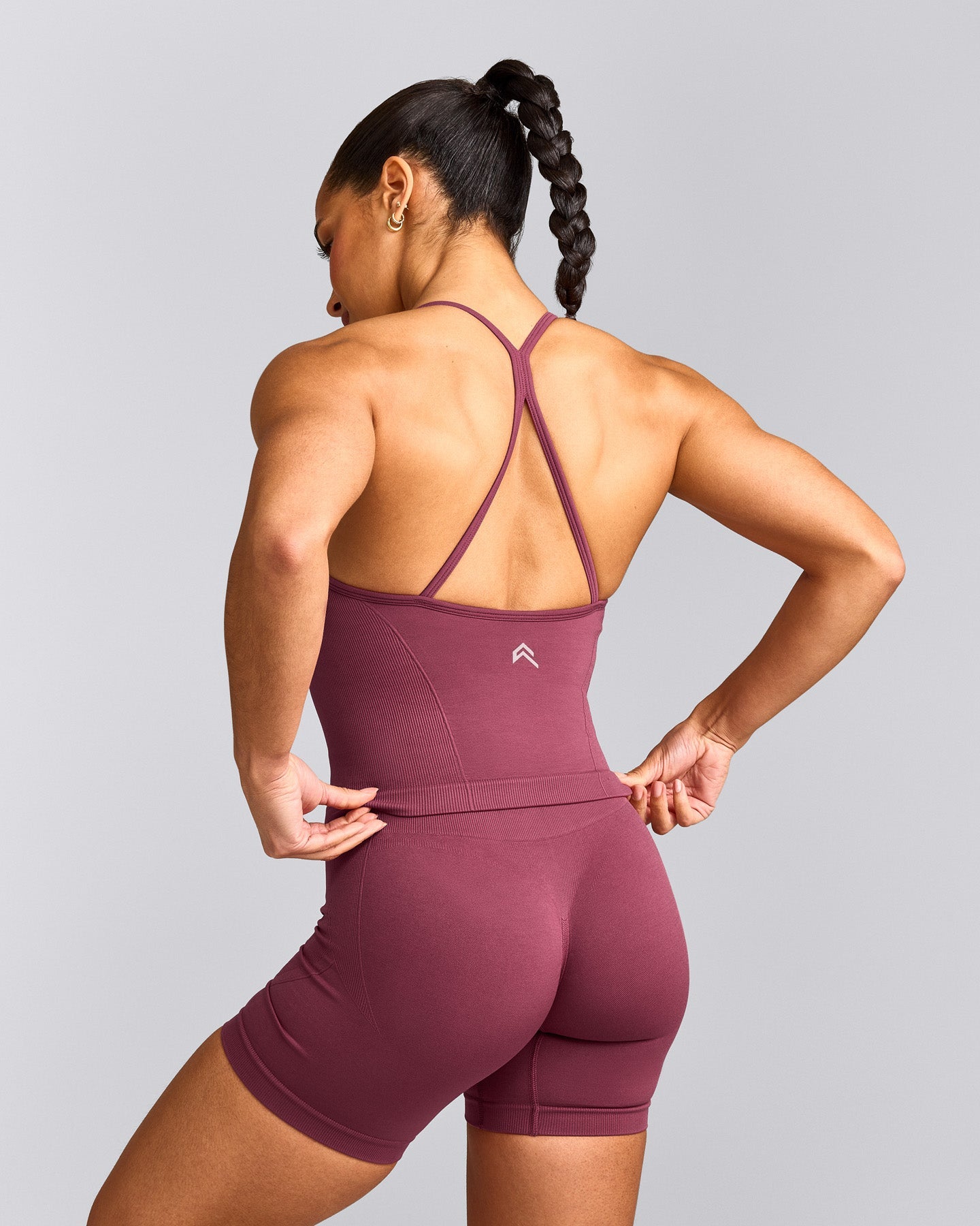 EnhanceLift™ Seamless Strappy Racer Tank Top with Built in Bra Shelf with Grey Logo | Burnt Maroon Red