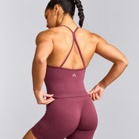 EnhanceLift™ Seamless Strappy Racer Tank Top with Built in Bra Shelf with Grey Logo | Burnt Maroon Red